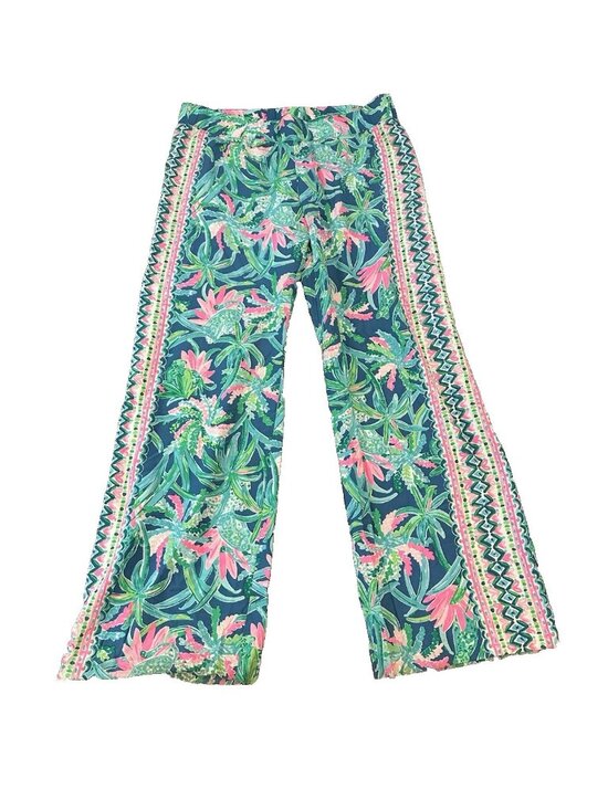 Lilly Pulitzer Pants - Lilly Pulitzer Womens Tropical Pants L Wide Leg Viscose Pink Blue Palm Tree